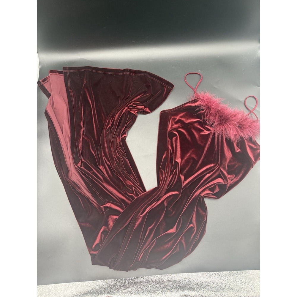 Burgundy Velvet Dress Feather Trim  Vintage 90's Y2K Size 10 whimsy goth Slip